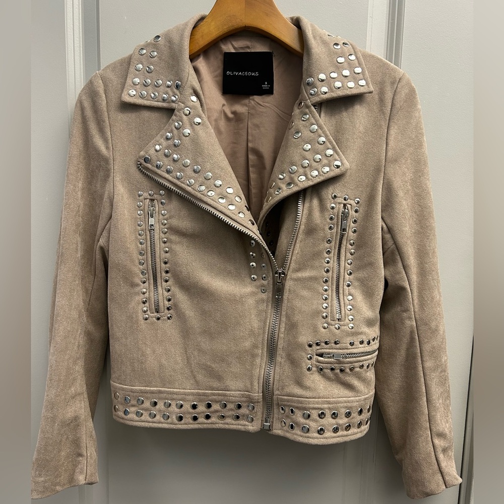 Olivaceous Sweet Stunner Faux Suede Studded Jacket